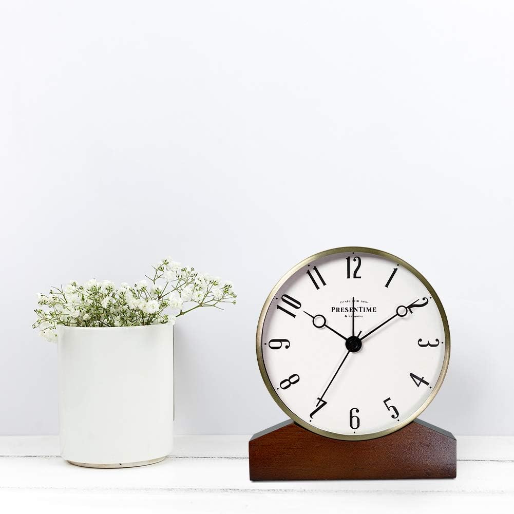 Mozart Mantel Alarm Clock | Desk & Shelf Clock, 6 x 5.5 Inch, Silent Non-Ticking, Wooden Base, Walnut Finish, Gold