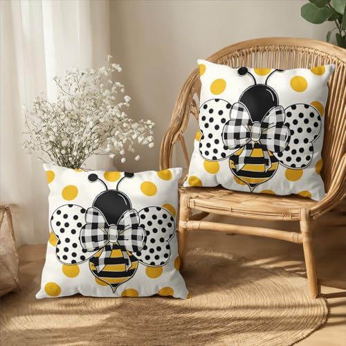 Summer Bumblebee Throw Pillow Covers 24x24 Set of 2 Polka Dot Bee Decorative Pillow Cases Yellow Honeybee Outdoor Farmhouse Cushion Cover for Home Couch Sofa Decor