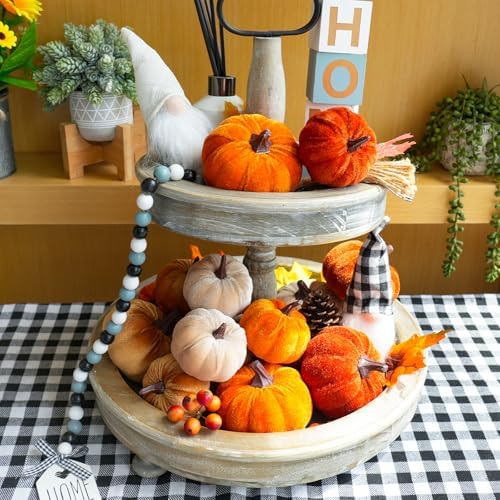 Winlyn Set of 16 Assorted Farmhouse Fall Artificial Velvet Pumpkins Rust Orange Champagne Gold Decorative Fabric Foam Pumpkins for Autumn Home Wedding Thanksgiving Halloween Harvest Table Centerpiece