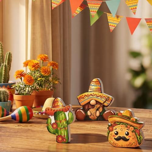 Smile Cinco De Mayo Wooden Tabletop Wooden Decor Set of 3 Mexican Fiesta Figurines (Gnome, Cactus, Taco) for Tiered Tray & Party Display