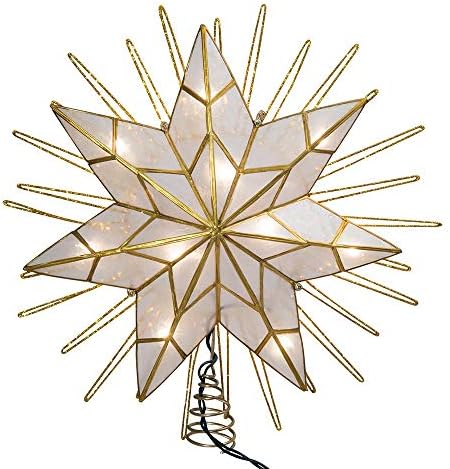 Kurt Adler 12" 7-Point Natural Capiz Lighted Tree Topper | Christmas Tree Star Topper | Gold Tree Topper Star with Lights | Light Up Star Christmas Tree Topper w/Wire Rays Accent (12 Inches, Gold)