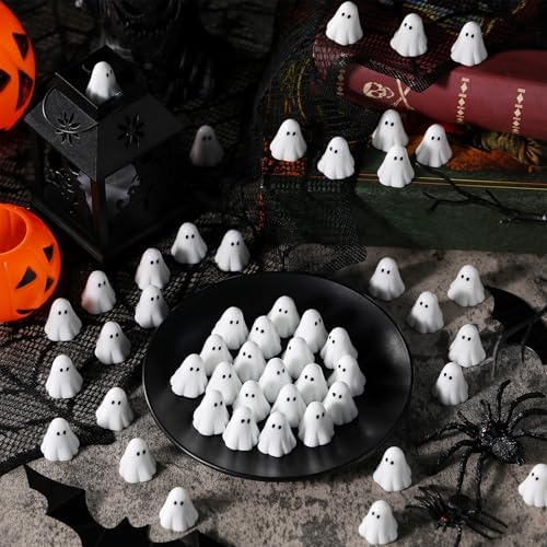 RoundFunny 50 Pcs Luminous Halloween Ghosts Miniature Resin Figurines Bulk