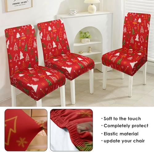 Red Christmas Chair Covers Set of 4,Winter Christmas Tree Snowflake Elk Chair Protectors,Elastic Removable Washable Dining Chair Covers for Winter Christmas Kitchen Dining Room Holiday Decor