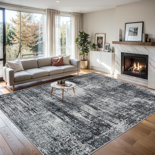 PLHXFR 8x10 Area Rug Living Room: Abstract Washable Carpet Dark Black