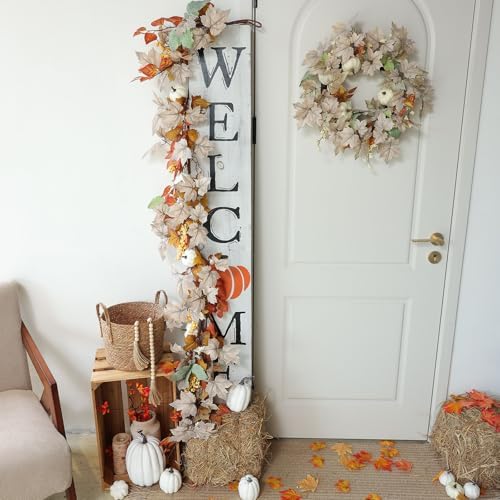 MIZII Fall Decor Artificial Maple Leaf Pumpkin Garland 6FT Fake Autumn Vines Garland Thanksgiving Halloween Harvest Decorations for Porch Mantle Table Centerpieces Fireplace Farmhouse (White PK)