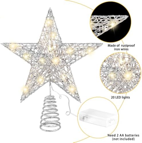 DULEFUN 11.8’’ Silvery Christmas Tree Topper Star Treetop with 20 LED