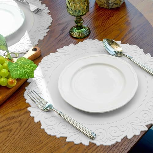 Round Faux Leather Placemats Set of 4, Dining Table Mats, White