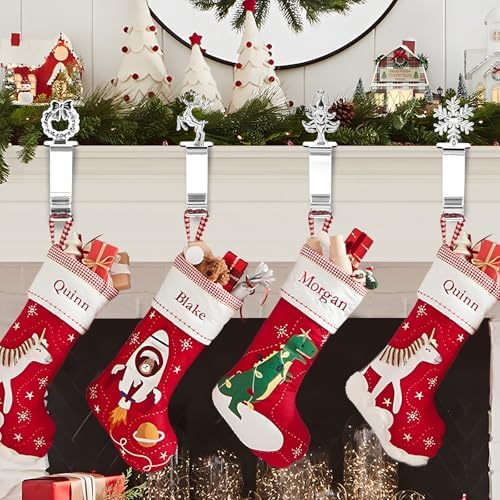 Christmas Stocking Holders for Mantle Set 4, Upgrade Stable Non-Slip Fireplace Stocking Holder, Metal Stocking Hangers for Mantle, Mantel Stocking Holders Clip for Xmas Party Decoration (Silver)