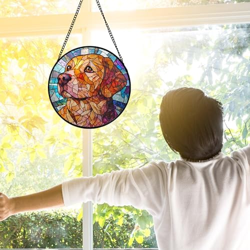 Golden Dog Stained Glass Window Hanging Suncatcher Gifts for Women 6.3"