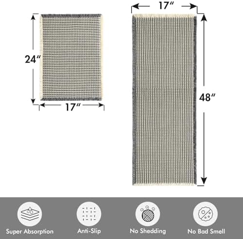 MIULEE Set of 2 Waffle Bathroom Rugs Dark Grey&Yellow 17"x24"+17"x48"