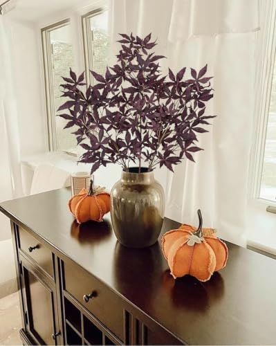 Hollyone 3Pcs Fall Leaf Stems Artificial Japanese Maple Leaves Branches Fake Fall Stems Plants Faux Maple Shrubs Leaf Bushes for Home Decor Autumn Halloween Thanksgiving Festival Decorations Burgundy