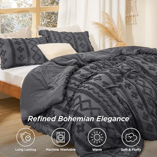 Bedsure Tufted Boho Comforter Set Queen Size - Dark Grey Boho Bed Set, GentleSoft™ 3 Pieces Farmhouse-Style Embroidery