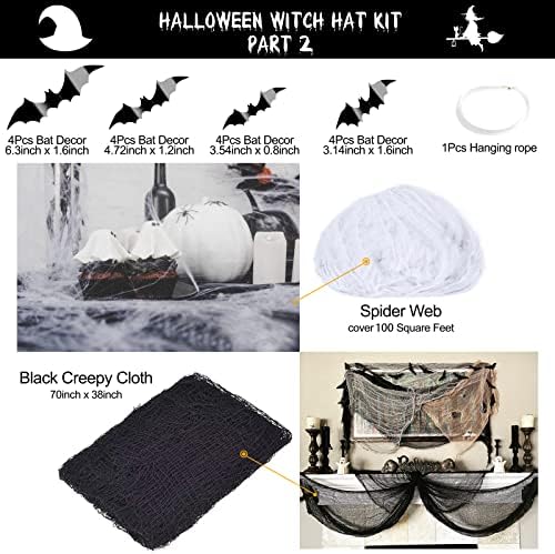 LINAYE Halloween Witches Hat XL Kit - 8 PCS Black Witch Hats with Hanging Rope,16 PCS 3D Bat,Spider Web,Creepy Cloth Halloween Hanging Decoration Decor Wizard Hats