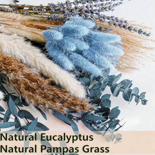 Dusty Blue Dried Flower Bouquet with Pampas Grass, Bunny Tails, Lavender and Eucalyptus, Beige Boho Floral Arrangement