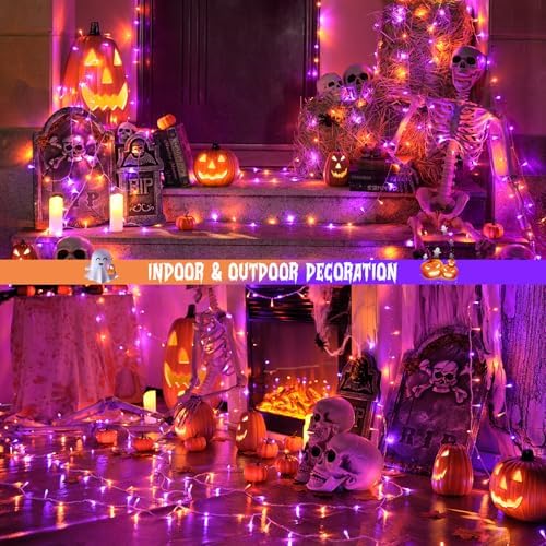 JMEXSUSS 2 Pack 100 LED Orange and Purple Halloween Lights Outdoor