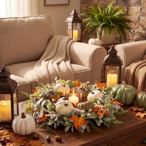 Sggvecsy Fall Wreath 23’’ Autumn Front Door Wreath Harvest Wreath with Welcome Sign Pumpkins Maple Leaves Lambs Ear Pine Needles for Outside Indoor Wall Festival Thanksgiving Autumn Decor