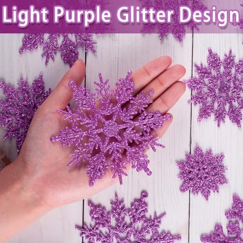 36pcs Christmas Light Purple Snowflake Ornaments，Plastic Light Purple Snow Flakes Hanging Ornaments for Christmas Tree Decor Winter Wonderland Frozen Birthday Party Holiday Home Decor Craft Snowflake
