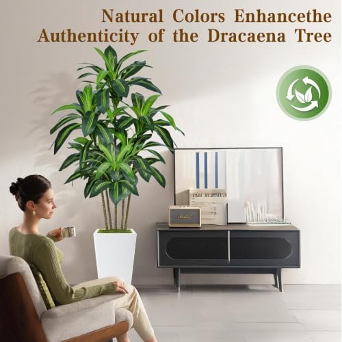 Flydeer 7FT Artificial Dracaena Tree with Tall White Planter, Floor Plant