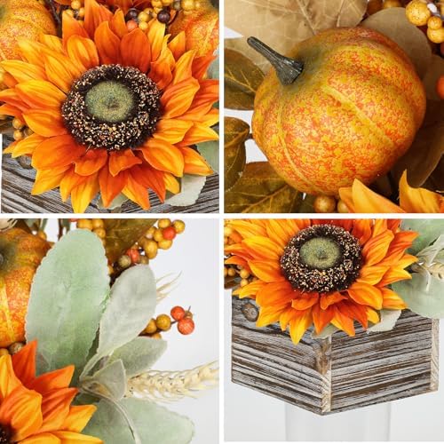 DILATATA Fall Decor Autumn Harvest Floral Centerpiece with Artificial Sunflowers Lambs Ear Gourd and Berries Arrangement for Thanksgiving Party Mantel Fall Decor