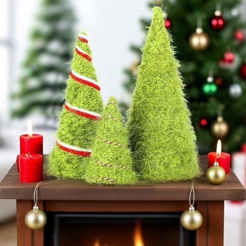 6 PCS 12" 10" 6" Lime Green Furry Christmas Cone Tree Christmas Handmade Xmas Velvet Trees Tabletop Centerpieces Mini Farmhouse Red Green Tree for Kitchen Mantle Winter Home Wedding Party Ornaments