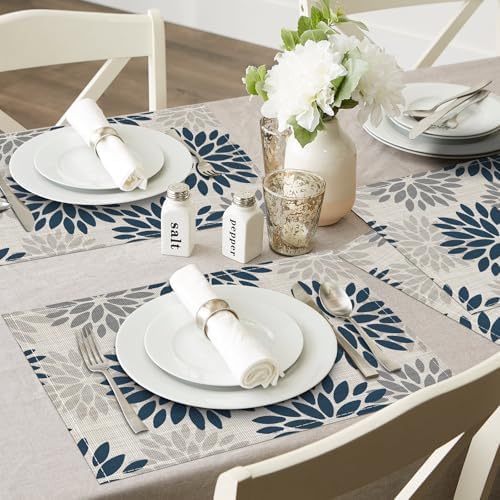 Niviy Dahlia Aqua Floral Pinnata Flower Placemats Set of 4, 12x18 Inch Washable Easy to Clean Heat-Resistant Anti-Skid Grey Placemats for Holiday Party Kitchen