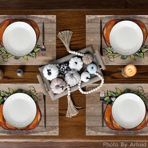 Artoid Mode Wood Pumpkin Bowknot Fall Placemats Set of 4-12 x 18 Inch