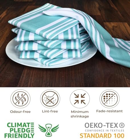 Urban Villa Cotton Dish Cloth Set of 8, Highly Absorbent Super Soft Quick Drying 12x12 Inch Dish Cloths for Kitchen Cleaning & Drying Dishes Mitered Corner Trendy Stripes Kitchen Towels - Aqua/White
