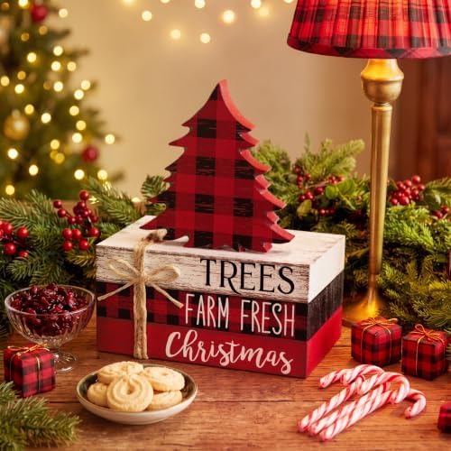 Geelin 4 Pcs Christmas Tiered Tray Decor Wooden Book Stack Signs, Red Black White Buffalo Plaid Christmas Table Decor, Farmhouse Rustic Centerpieces for Shelf Coffee Bar Office Desk Decorations