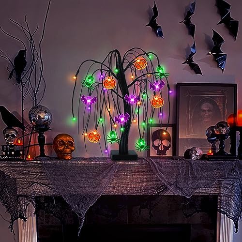 Halloween Table Decor 18 Inch 36 LED Halloween Willow Tree with Pumpkin Bat Spider Lights, Timer/USB/Battery Operated Black Halloween Tree Spooky Halloween Decorations Indoor for Home Party Room Gifts