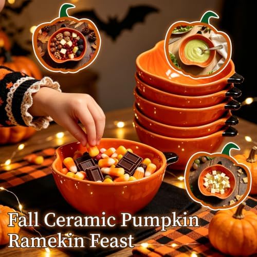 Orange Pumpkin Bowls,Set of 6, 6 oz Pumpkin Shaped Bowl Ceramic Ramekins