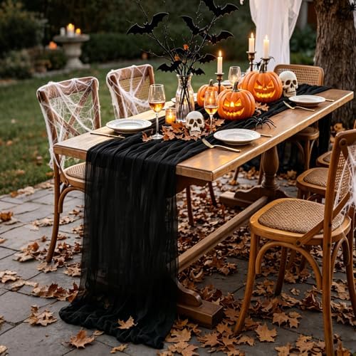 3Pcs Black Table Runner, 10FT Black Cheesecloth Halloween Table Runner 35*120inch Boho Runner for Halloween Indoor Table Kitchen Party Decorations
