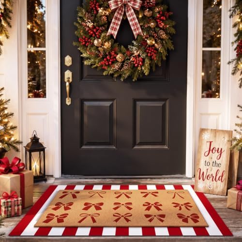 Tinideya 2 Pcs Christmas Layered Doormat Set, Red Bows