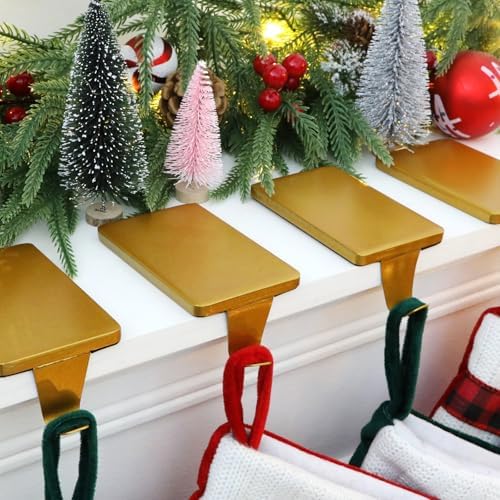 HMASYO Christmas Stocking Holders for Mantle Set of 2, Gold Heavy Duty Iron Stocking Hangers Base, Low Profile Weighted Stocking Holder Hooks for Fireplace Tabletop Shelf Christmas Decoration
