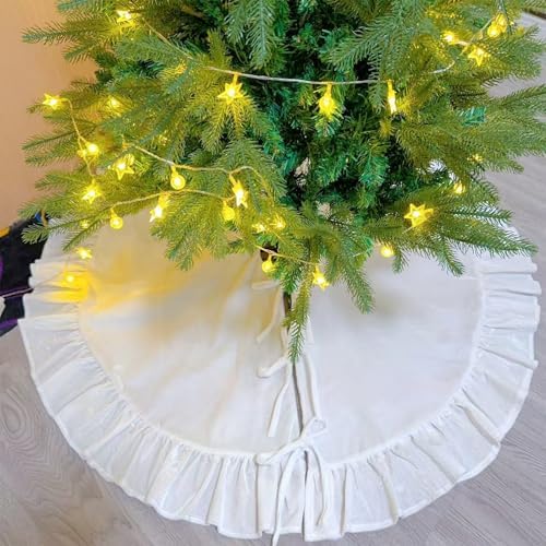 Velvet Christmas Tree Skirt White 48 inch Ruffled Holiday Tree Skirt for Rustic Xmas Tree Decoration