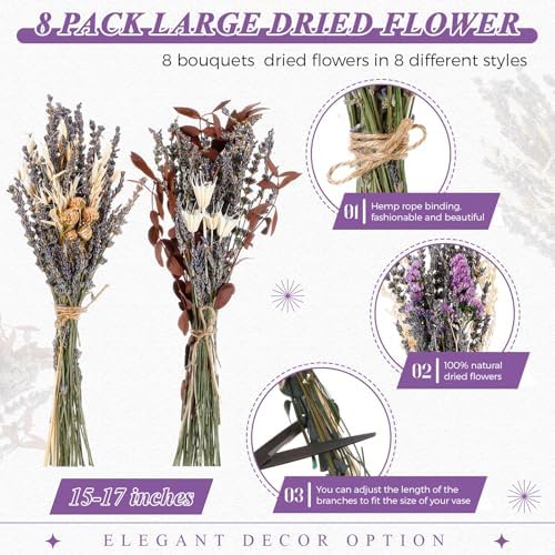 Layhit 8 Pack Large Size Boho Dried Flowers 15-17 Inch, Lavender