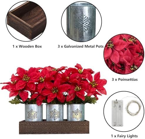 Poinsettias Artificial Christmas Flowers with LED Lights, Red Xmas Table Centerpiece in Pots and Wood Box for Decoration