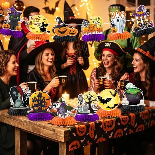 12Pcs Halloween Party Decorations Halloween Honeycomb Centerpieces for Table Double Side Spooky Witches Pumpkins Ghosts Table Centerpieces for Halloween Party Home Indoor Office Supplies Decorations