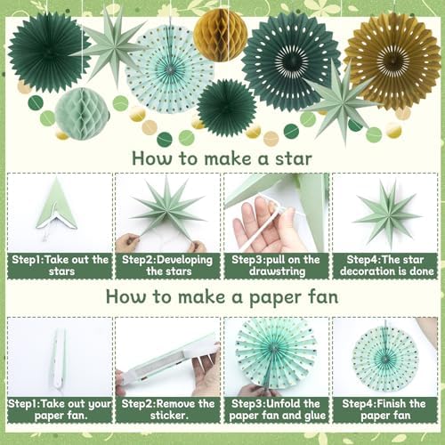 ADLKGG 10-Piece Sage Green Gold Party Decorations, Hanging Paper Fans