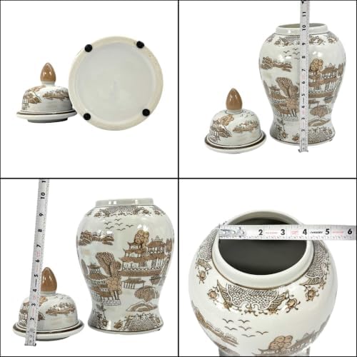 Galt International 14" Brown & White Landscape Ceramic Porcelain Ginger Jar Floral Home Décor Jar Urn Shape Vase