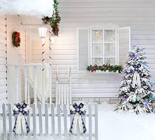 Hying Large Christmas Bow for Wreath, Blue White Cotton Bows for Front Door Wall Fence Decor, Christmas Snow Wreath Bow Tree Topper Bow for Winter Christmas Party Decoration Supplies
