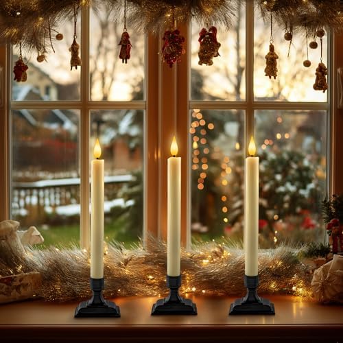 Homemory Real Wax Window Candles with Remote Timer Dimmer, Flameless Taper Candles with Holders, Christmas Candle for Window Battery Operated, LED Candlesticks for Home Holiday Decor,6 Pcs Ivory