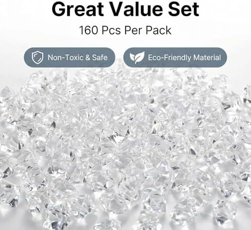 Fake Ice,Gikboup 160 Pcs Acrylic Ice Cubes, 22 * 18mm Vase Fillers for Centerpieces. Clear Rocks for Vases, Fake Plastic Gems, Artificial Faux Stones（Blue）
