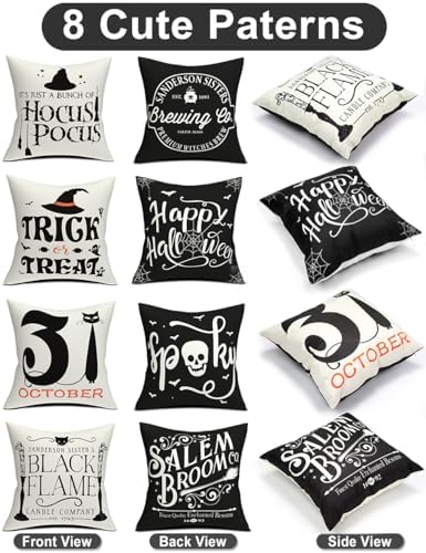 Halloween Decorations Set Of 4 Double-Sided Print Pillow Covers 16" x 16", with 8 Cute Halloween Decor Patterns, Elegant Invisible Zipper, Soft Linen Throw Pillow Covers for Outdoor & Indoor Use