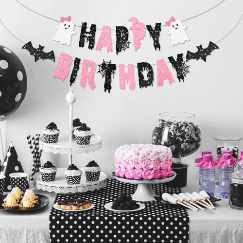 Pink Halloween Happy Birthday Banner – Cute Ghost and Bat Design with Glitter Letters and Spider Web Accents – Girly Halloween Party Decoration for Kids or Spooky Birthday Celebrations