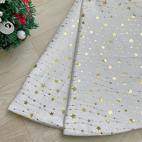 Christmas Tree Skirt Velvet White 48 inch Large Soft Christmas Tree Mat with Gold Star Pattern for Indoor Outdoor Xmas Holiday Party Decoration