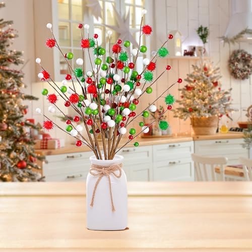 Sggvecsy 6Pcs Artificial Berry Stems 16inch Christmas Tree Picks Red Green White Berry Picks Fake Christmas Berry Branches for Floral Arrangements Christmas Tree Holiday Home Xmas DIY Crafts Decor