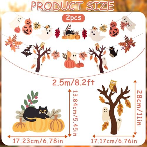 Halloween Fall Decorations - 2PCS Cute Little Ghost and Pumpkin Maple Leaves Paper Banner Bunting