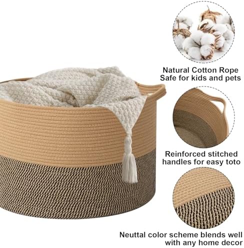 90L Extra Large Blanket Basket,Woven Rope Laundry Basket-Jute&Black