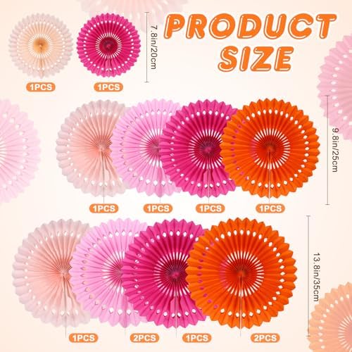BestoFun 12PCS Paper Fans Orange and Hot Pink Party Decorations Tissue Paper Flowers Hanging Paper Fans Party Decorations for Girl Groovy Birthday Baby Shower Wedding Bachelorette Room Wall Décor