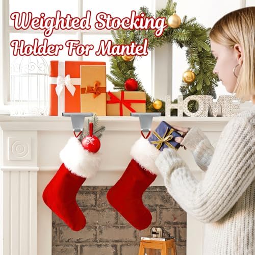 HMASYO Christmas Stocking Holders for Mantle Set of 2, Silver Heavy Duty Iron Stocking Hangers Base, Low Profile Weighted Stocking Holder Hooks for Fireplace Tabletop Shelf Christmas Decoration